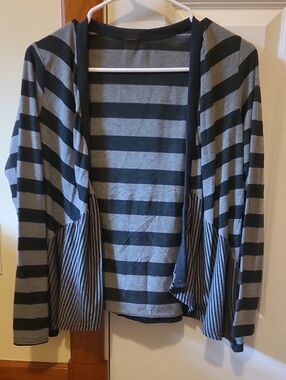 Poof! Black and Gray Striped Knit Top with Logo Plate